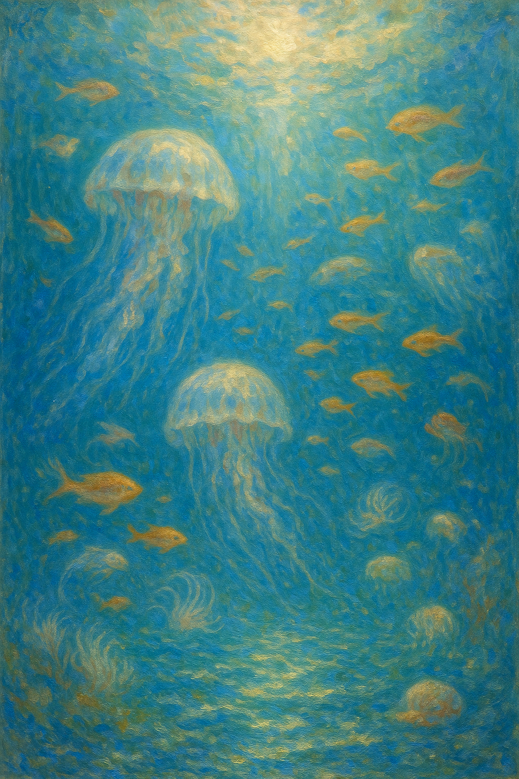 two jellyfishes and a school of fish in blue water
